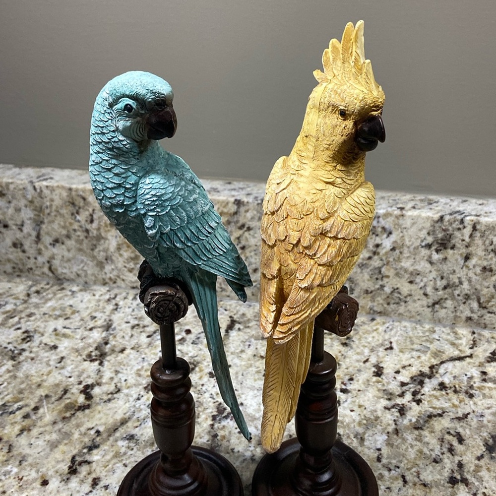 Whimsical set of birds 10 inch, perfect shape wooden stand.